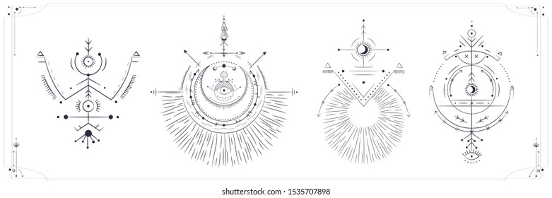 Vector illustration set of moon phases. Different stages of moonlight activity in vintage engraving style. Zodiac Signs