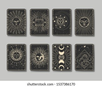 Vector illustration set of moon phases. Different stages of moonlight activity in vintage engraving style. Zodiac Signs