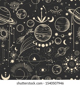 Vector illustration set of moon phases. Different stages of moonlight activity in vintage engraving style. Zodiac Signs