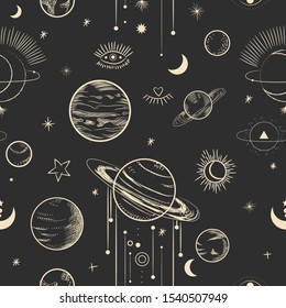 Vector illustration set of moon phases. Different stages of moonlight activity in vintage engraving style. Zodiac Signs