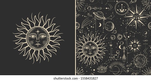 Vector illustration set of moon phases. Different stages of moonlight activity in vintage engraving style. Zodiac Signs