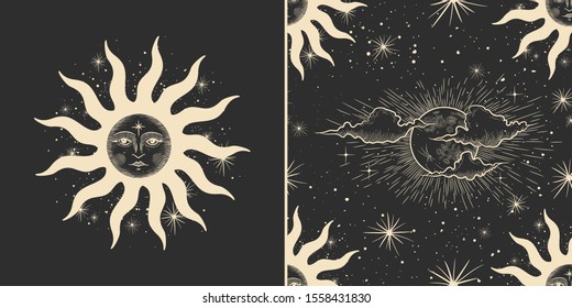 Vector illustration set of moon phases. Different stages of moonlight activity in vintage engraving style. Zodiac Signs