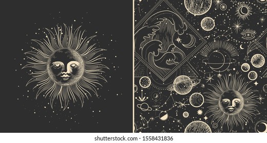 Vector illustration set of moon phases. Different stages of moonlight activity in vintage engraving style. Zodiac Signs