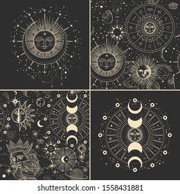Vector illustration set of moon phases. Different stages of moonlight activity in vintage engraving style. Zodiac Signs