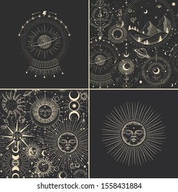 Vector illustration set of moon phases. Different stages of moonlight activity in vintage engraving style. Zodiac Signs