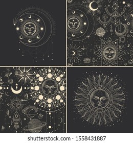 Vector illustration set of moon phases. Different stages of moonlight activity in vintage engraving style. Zodiac Signs