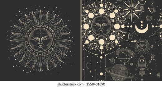 Vector illustration set of moon phases. Different stages of moonlight activity in vintage engraving style. Zodiac Signs