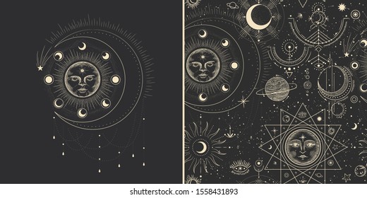 Vector illustration set of moon phases. Different stages of moonlight activity in vintage engraving style. Zodiac Signs