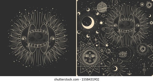 Vector illustration set of moon phases. Different stages of moonlight activity in vintage engraving style. Zodiac Signs