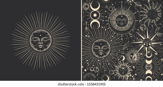 Vector illustration set of moon phases. Different stages of moonlight activity in vintage engraving style. Zodiac Signs