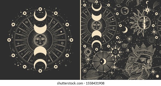 Vector illustration set of moon phases. Different stages of moonlight activity in vintage engraving style. Zodiac Signs