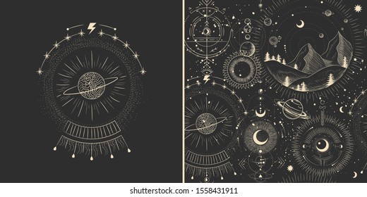 Vector illustration set of moon phases. Different stages of moonlight activity in vintage engraving style. Zodiac Signs