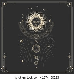 Vector illustration set of moon phases. Different stages of moonlight activity in vintage engraving style. Zodiac Signs