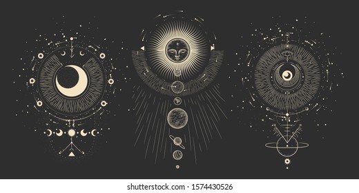 Vector illustration set of moon phases. Different stages of moonlight activity in vintage engraving style. Zodiac Signs