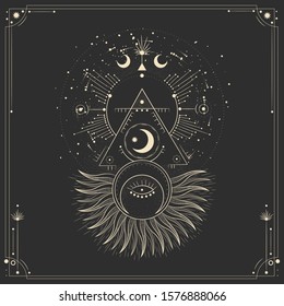 Vector illustration set of moon phases. Different stages of moonlight activity in vintage engraving style. Zodiac Signs