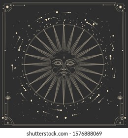 Vector illustration set of moon phases. Different stages of moonlight activity in vintage engraving style. Zodiac Signs