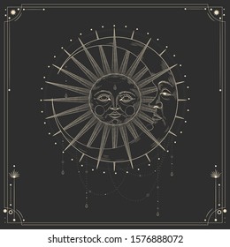 Vector illustration set of moon phases. Different stages of moonlight activity in vintage engraving style. Zodiac Signs