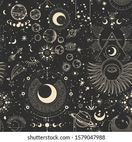 Vector illustration set of moon phases. Different stages of moonlight activity in vintage engraving style. Zodiac Signs