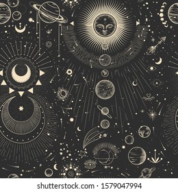 Vector illustration set of moon phases. Different stages of moonlight activity in vintage engraving style. Zodiac Signs