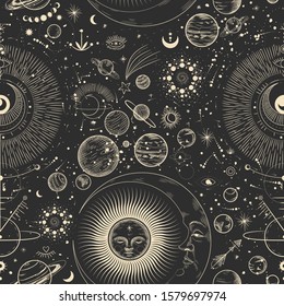 Vector illustration set of moon phases. Different stages of moonlight activity in vintage engraving style. Zodiac Signs