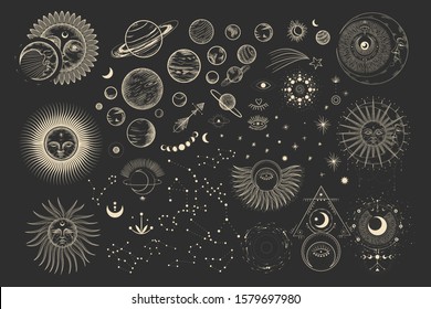 Vector illustration set of moon phases. Different stages of moonlight activity in vintage engraving style. Zodiac Signs