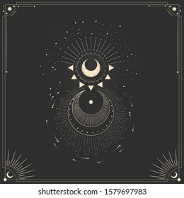 Vector illustration set of moon phases. Different stages of moonlight activity in vintage engraving style. Zodiac Signs
