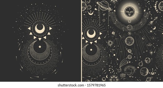 Vector illustration set of moon phases. Different stages of moonlight activity in vintage engraving style. Zodiac Signs