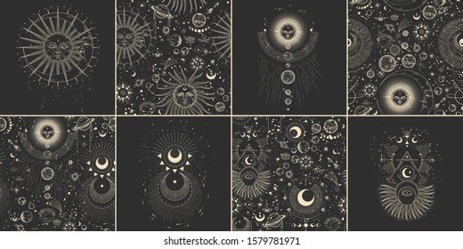 Vector illustration set of moon phases. Different stages of moonlight activity in vintage engraving style. Zodiac Signs