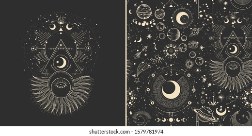 Vector illustration set of moon phases. Different stages of moonlight activity in vintage engraving style. Zodiac Signs