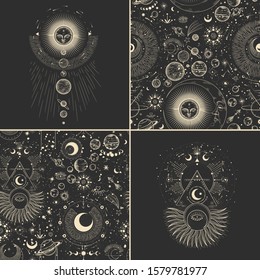 Vector illustration set of moon phases. Different stages of moonlight activity in vintage engraving style. Zodiac Signs