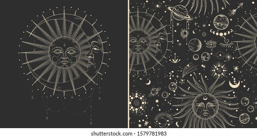 Vector illustration set of moon phases. Different stages of moonlight activity in vintage engraving style. Zodiac Signs