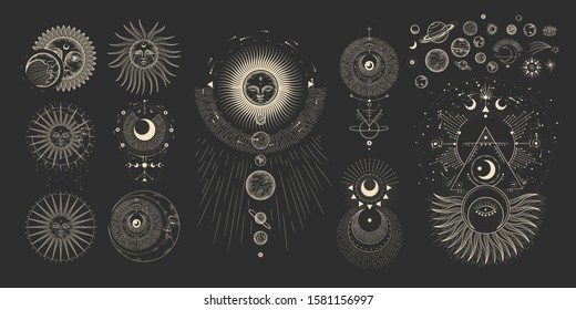 Vector illustration set of moon phases. Different stages of moonlight activity in vintage engraving style. Zodiac Signs