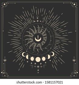 Vector illustration set of moon phases. Different stages of moonlight activity in vintage engraving style. Zodiac Signs