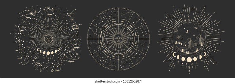 Vector illustration set of moon phases. Different stages of moonlight activity in vintage engraving style. Zodiac Signs