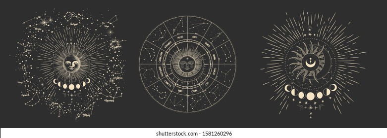 Vector illustration set of moon phases. Different stages of moonlight activity in vintage engraving style. Zodiac Signs