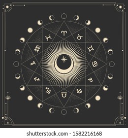 Vector illustration set of moon phases. Different stages of moonlight activity in vintage engraving style. Zodiac Signs