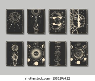 Vector illustration set of moon phases. Different stages of moonlight activity in vintage engraving style. Zodiac Signs