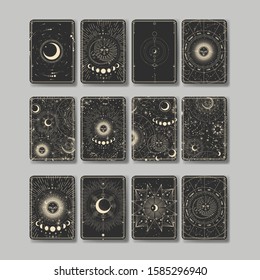 Vector illustration set of moon phases. Different stages of moonlight activity in vintage engraving style. Zodiac Signs