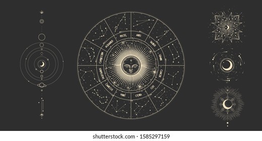 Vector illustration set of moon phases. Different stages of moonlight activity in vintage engraving style. Zodiac Signs