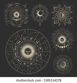 Vector illustration set of moon phases. Different stages of moonlight activity in vintage engraving style. Zodiac Signs