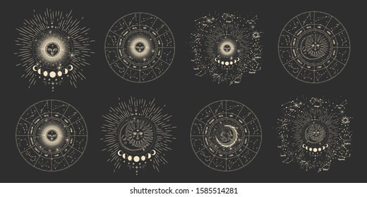 Vector illustration set of moon phases. Different stages of moonlight activity in vintage engraving style. Zodiac Signs