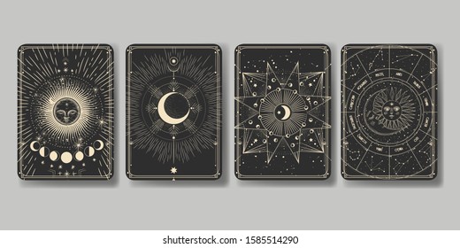 Vector illustration set of moon phases. Different stages of moonlight activity in vintage engraving style. Zodiac Signs