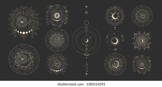 Vector illustration set of moon phases. Different stages of moonlight activity in vintage engraving style. Zodiac Signs