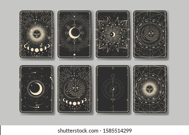 Vector illustration set of moon phases. Different stages of moonlight activity in vintage engraving style. Zodiac Signs