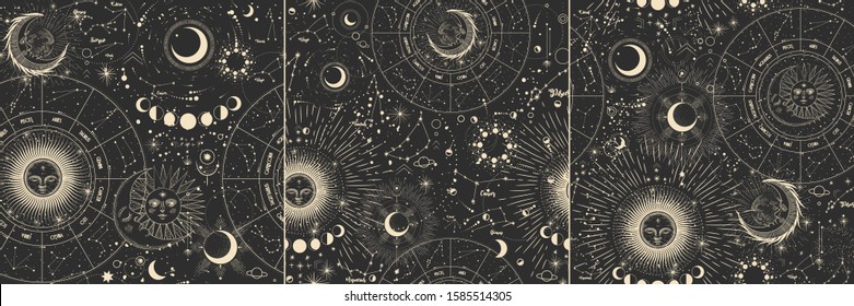 Vector illustration set of moon phases. Different stages of moonlight activity in vintage engraving style. Zodiac Signs