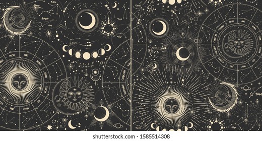 Vector illustration set of moon phases. Different stages of moonlight activity in vintage engraving style. Zodiac Signs