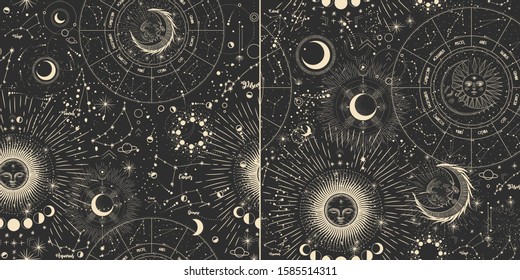 Vector illustration set of moon phases. Different stages of moonlight activity in vintage engraving style. Zodiac Signs