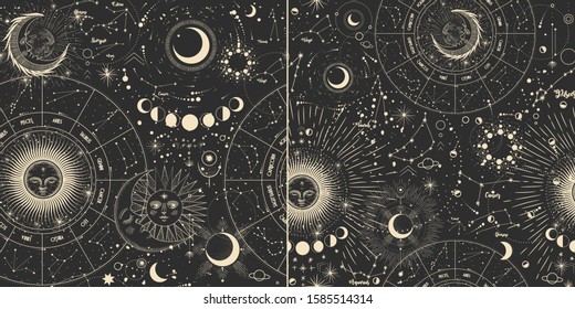 Vector illustration set of moon phases. Different stages of moonlight activity in vintage engraving style. Zodiac Signs