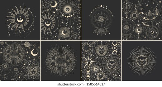 Vector illustration set of moon phases. Different stages of moonlight activity in vintage engraving style. Zodiac Signs