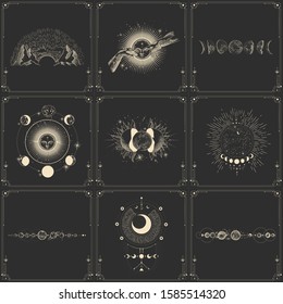 Vector illustration set of moon phases. Different stages of moonlight activity in vintage engraving style. Zodiac Signs